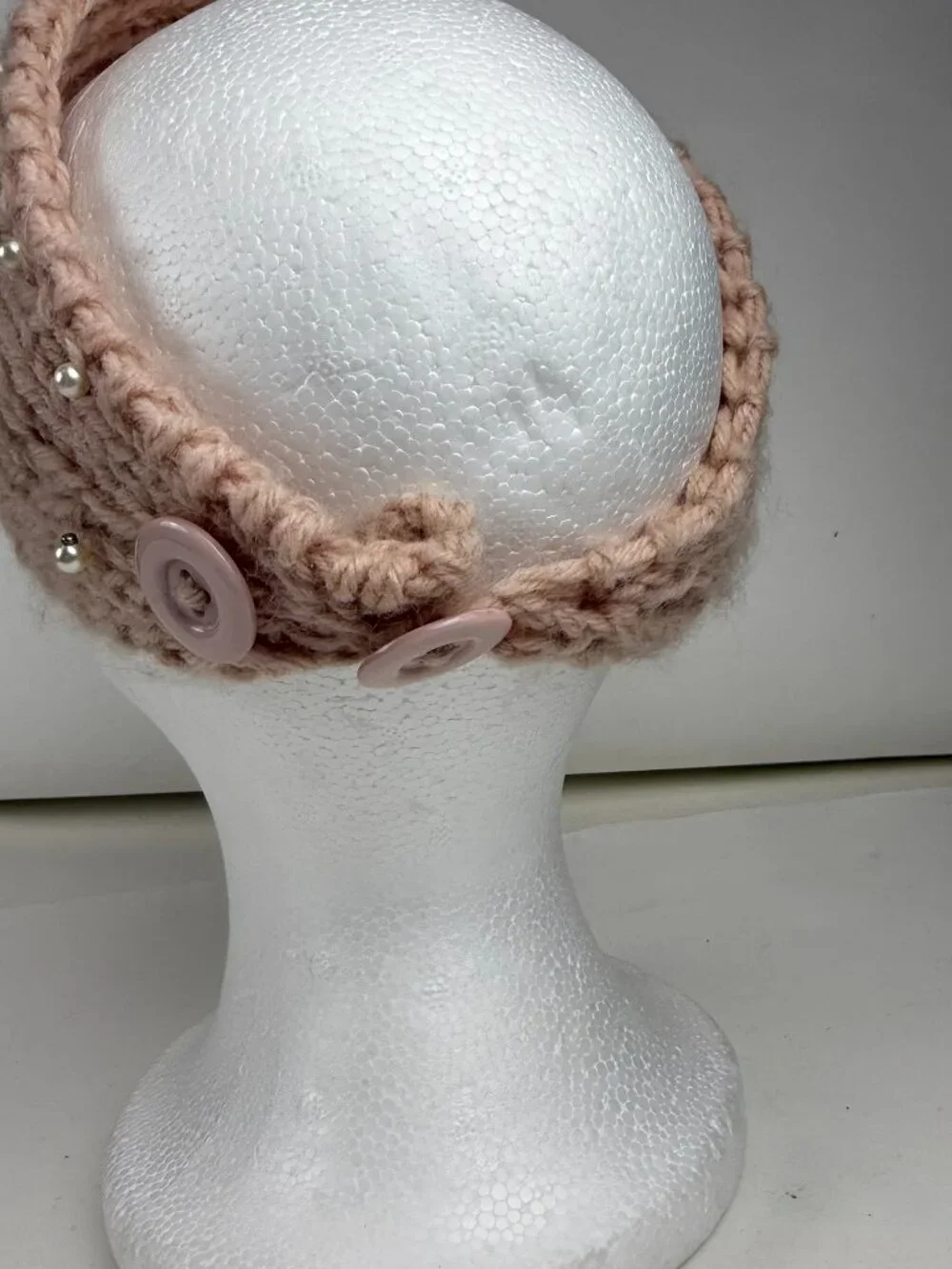 Handmade Knit Pearl Headband Blush Pink Winter Ear Warmer Button Closure